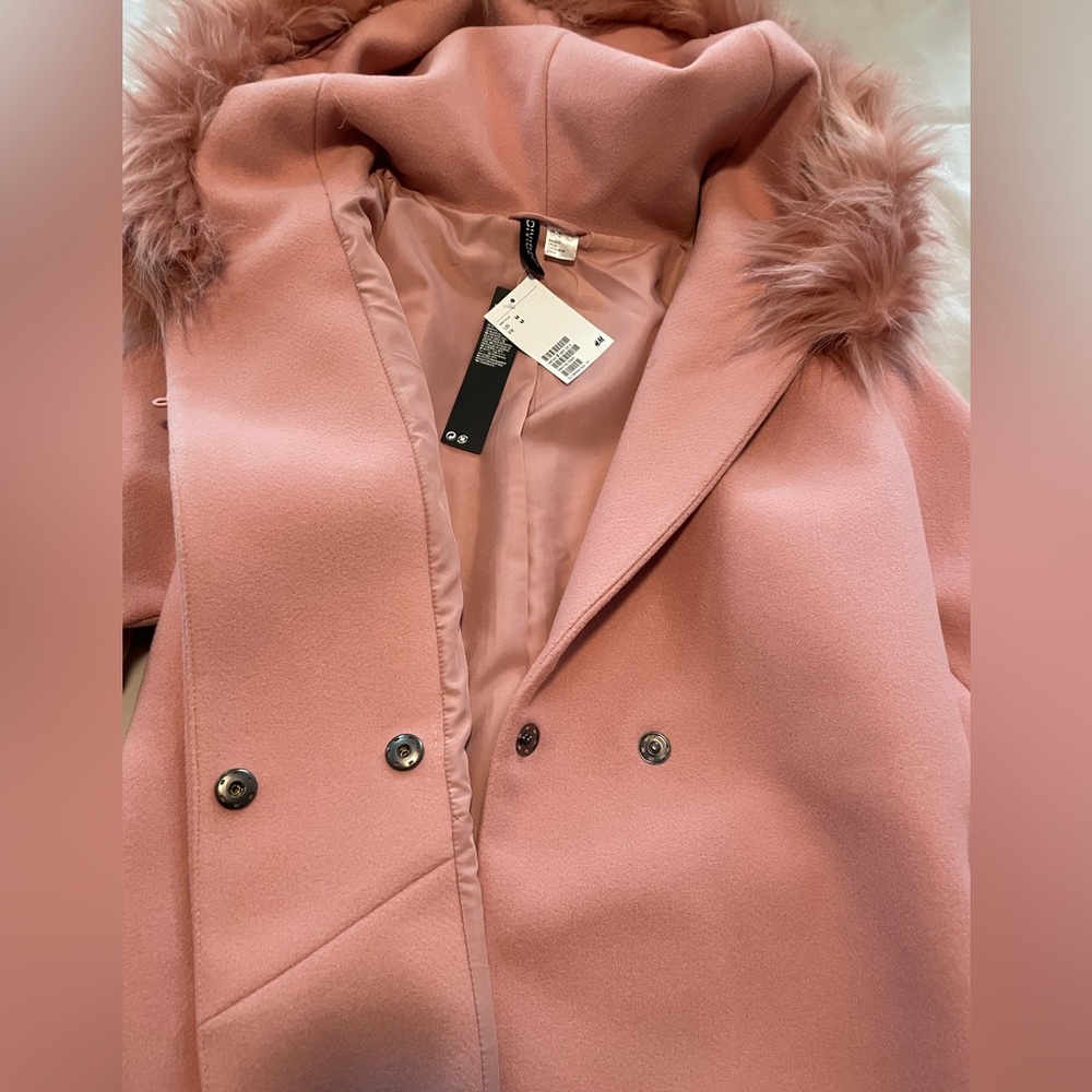 H&M Blush Pink Coat Detachable Imitation Fur on Hood Size M NWT - Picture 8 of 8